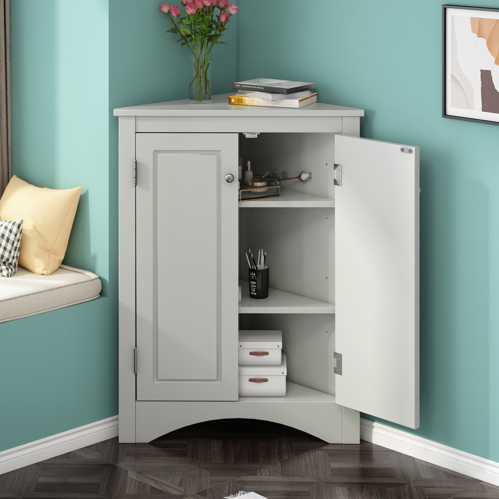 Triangle Bathroom Storage Cabinet With Adjustable Shelves, Freestanding Floor Cabinet For Home Kitchen - Gray - Image 4