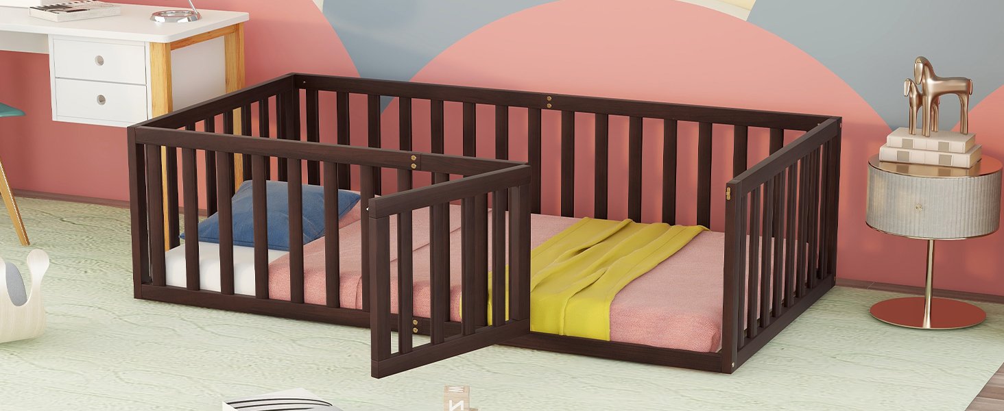 Twin Size Floor Bed Frame With Fence And Door - Walnut - Image 3