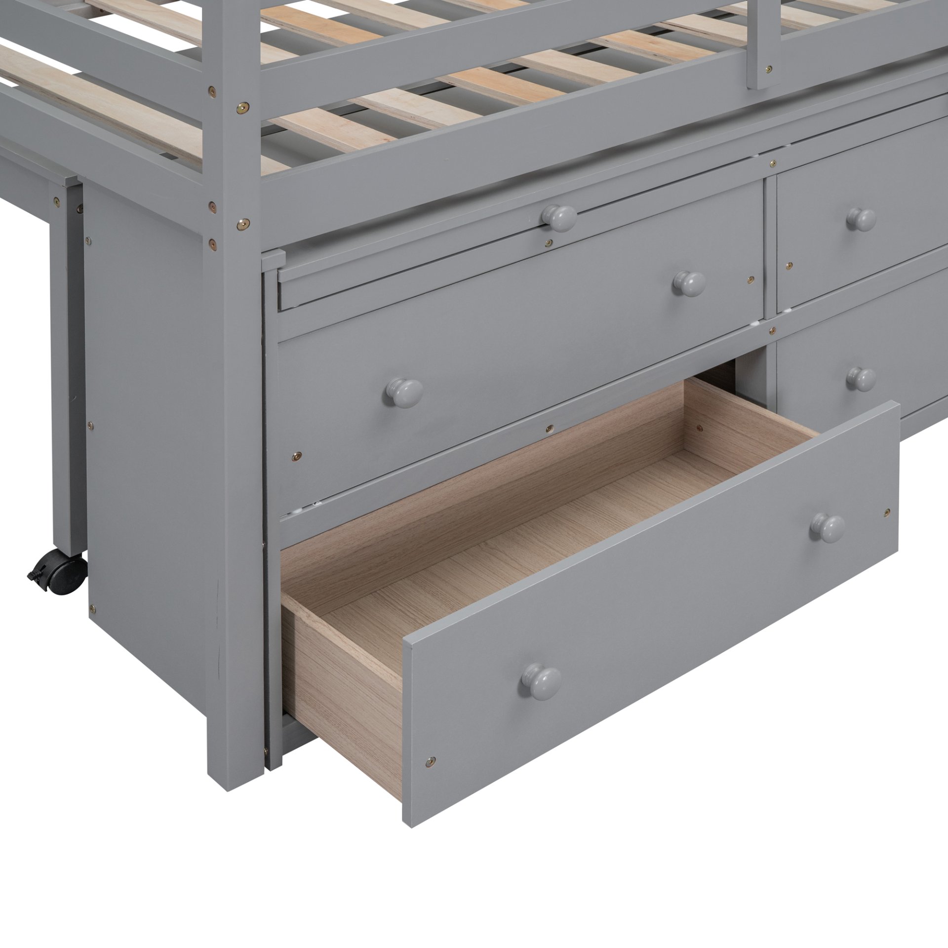 Twin Size Loft Bed With Retractable Writing Desk And 4 Drawers, With Lateral Portable Desk And Shelves - Gray - Image 20