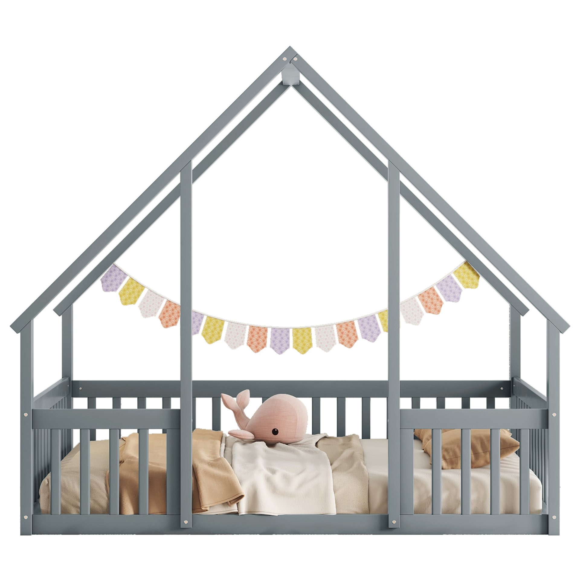 Full Wood House-Shaped Floor Bed With Fence, Guardrails - Gray - Image 13