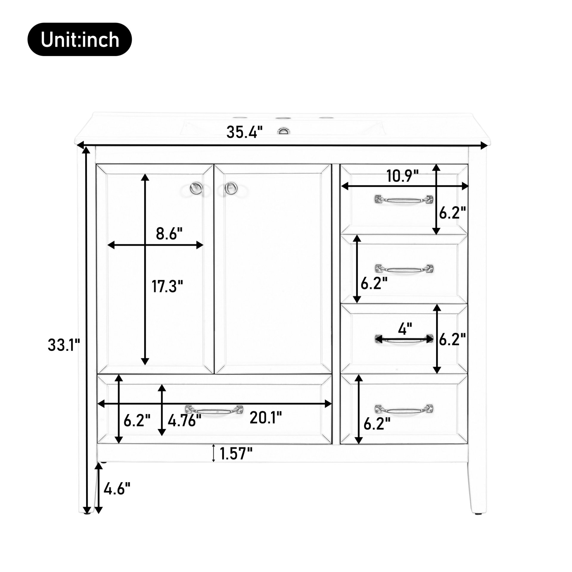 Elegant Vintage 36" Bathroom Vanity With Sink, Soft Closing Door, 4 Drawers Of Different Sizes Frame And Leg - Blue - Image 3
