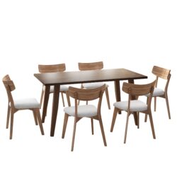 Mid Century 7 Piece Dining Set With Walnut Frame And Upholstered Chairs - Light Beige / Brown