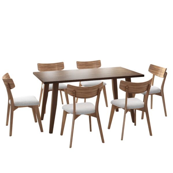 Mid Century 7 Piece Dining Set With Walnut Frame And Upholstered Chairs - Light Beige / Brown