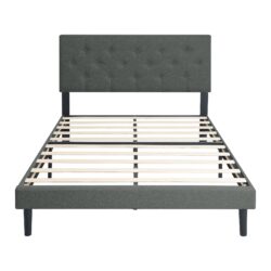 Queen Size Upholstered Platform Bed Frame With Modern Button Tufted Linen Fabric Headboard, Wood Slat Support - Dark Gray