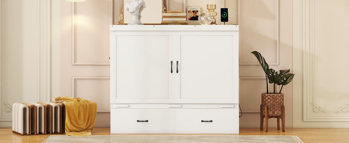 Full Size Murphy Bed With USB Port And A Large Drawer - White - Image 19