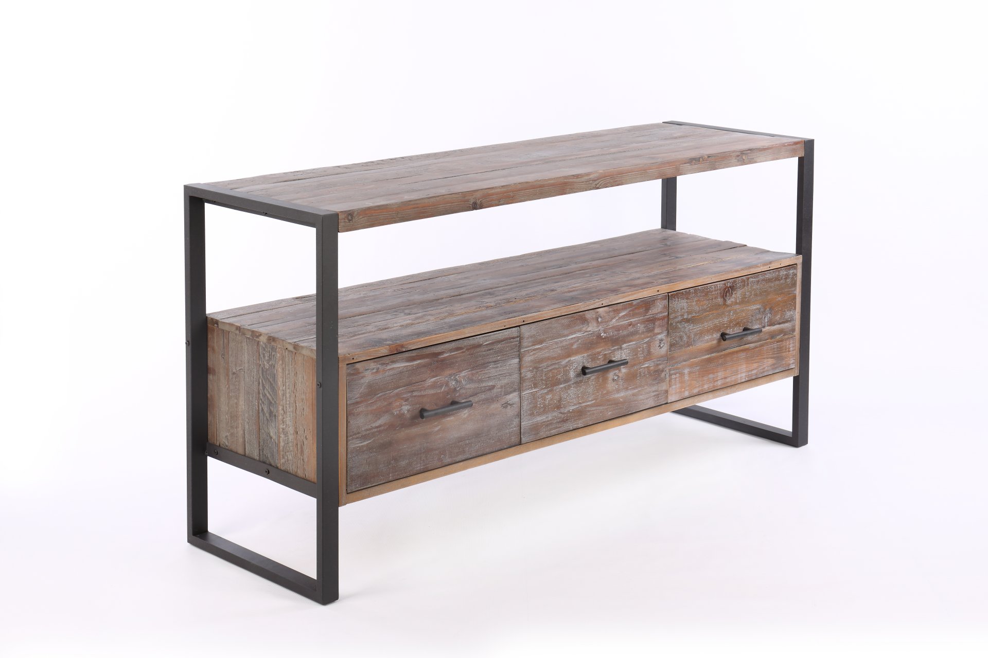Reclaimed Wood Media TV Console Table With 3 Drarwer, Open Shelf - Antique Gray - Image 3