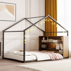 Full Size Bed House Frame With Shelves And Lights - Black