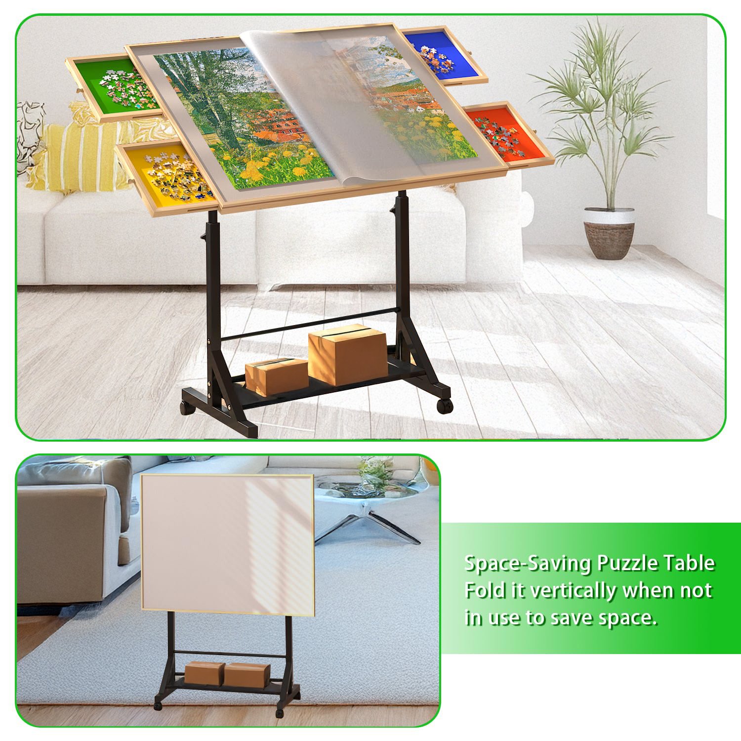 360 Degree Tilting Wooden Puzzle Table With 1500 Pieces, Rolling Design With Adjustable Height, Drawer, And Protective Cover - Black / Natural Wood - Image 5