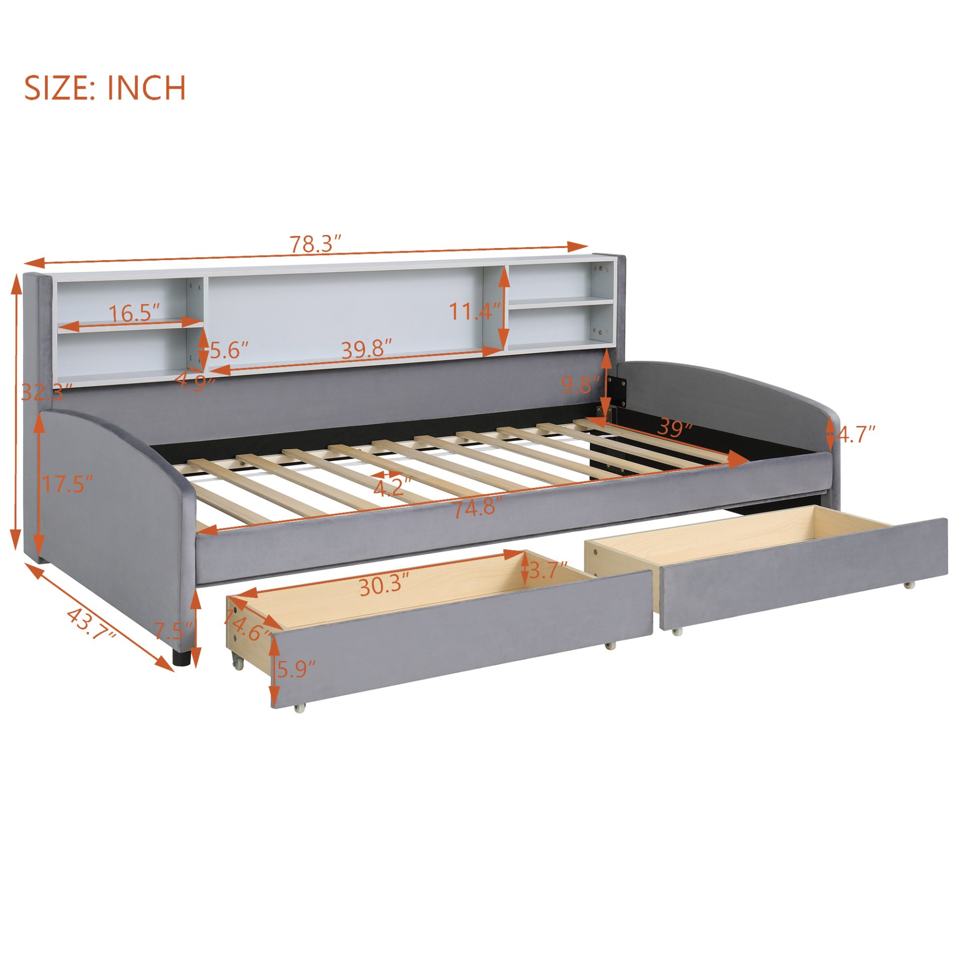 Twin Size Upholstered Platform Bed With Storage Drawers And Headboard - Gray - Image 3
