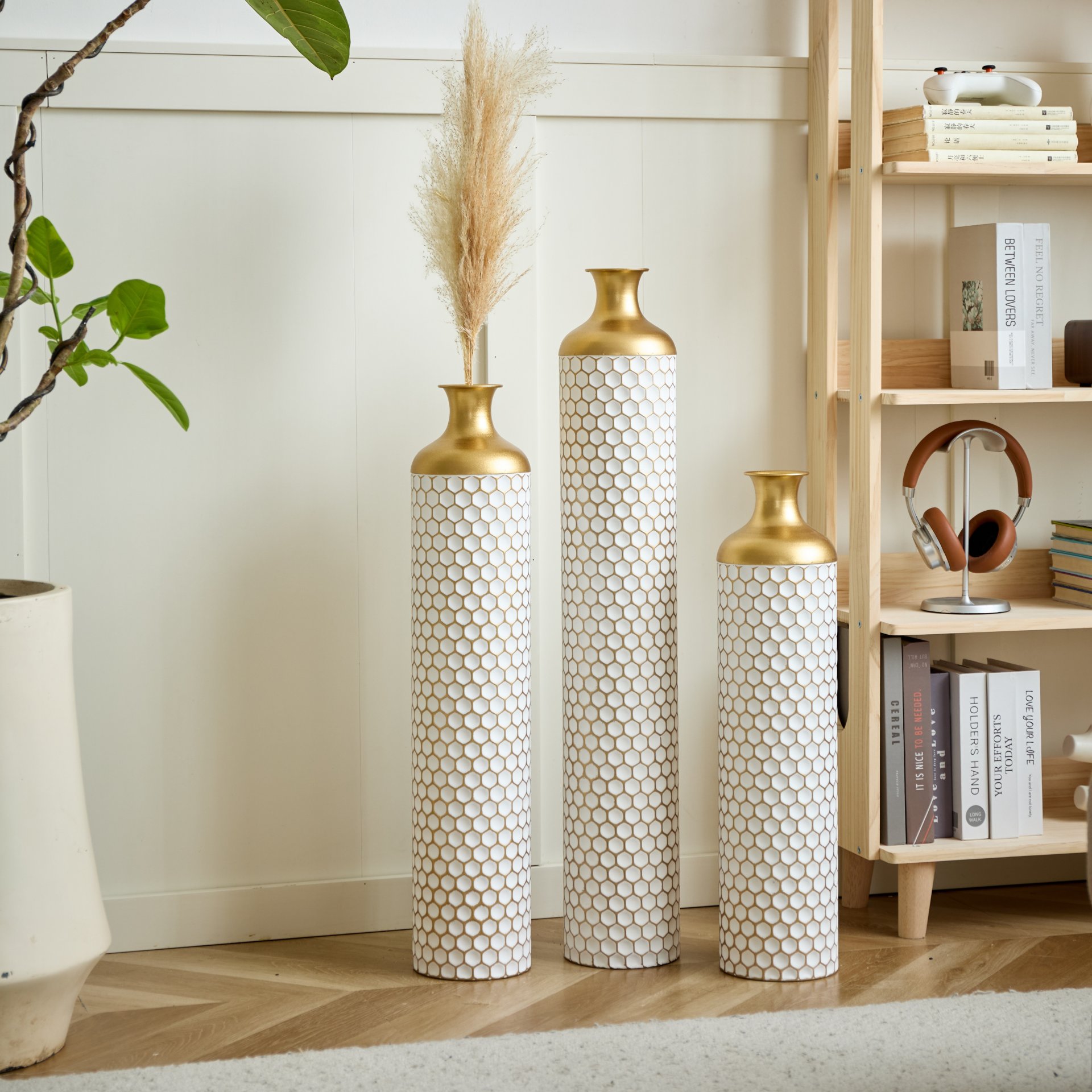 3 Piece Set Gorgeous Home Decoration Large Glazed Floor Vase Decoration Home Droplet Shaped - Gold / White - Image 14