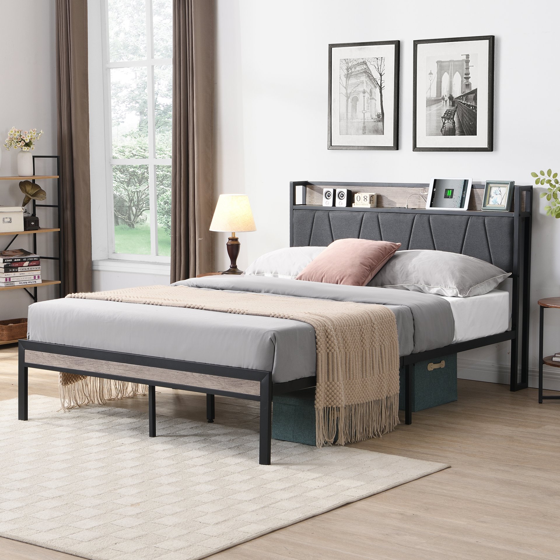 Modern Full Size Metal Platform Bed Frame With Upholstered Storage Headboard USB Ports And Footboard - Beige / Black - Image 5