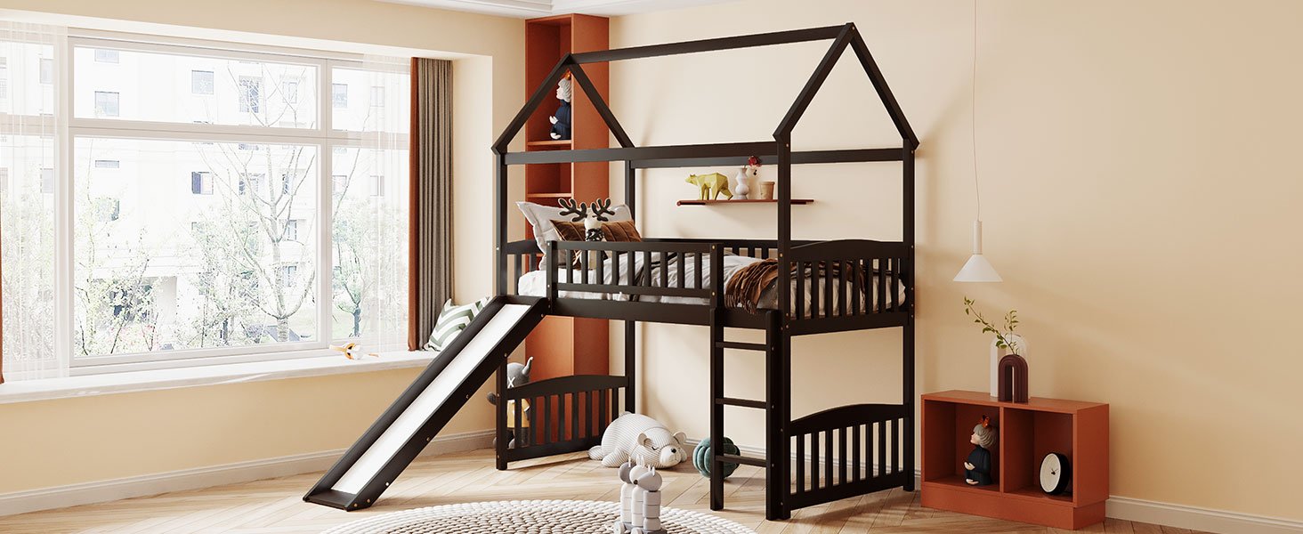Twin House Loft Bed With Slide - Espresso - Image 4