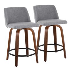 Toriano - Mid-Century Modern Fixed Height Counter Stool With Swivel With Round Footrest (Set of 2) - Walnut / Gray