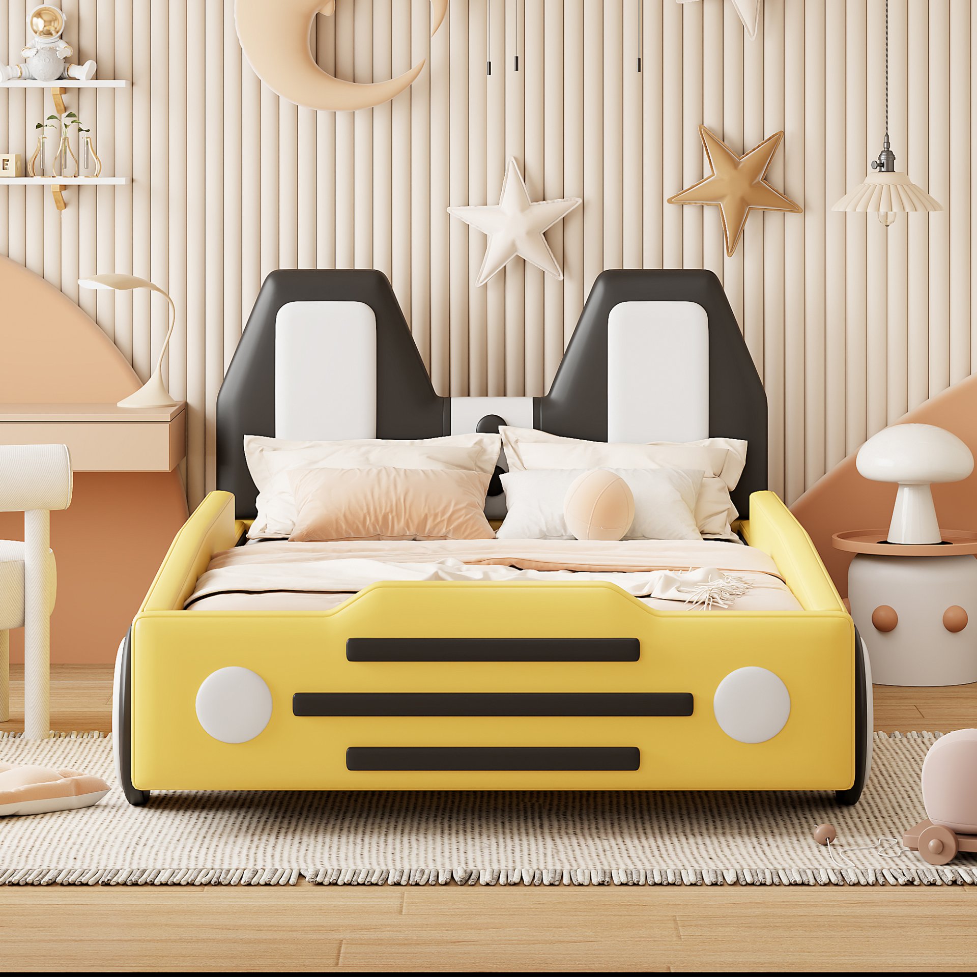 Twin Size Race Car Shaped Platform Bed With Wheels - Yellow - Image 2