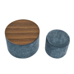 Classic Chenille Storage Ottoman Set With Drum Shaped Stool And Desktop Panel - Dark Blue