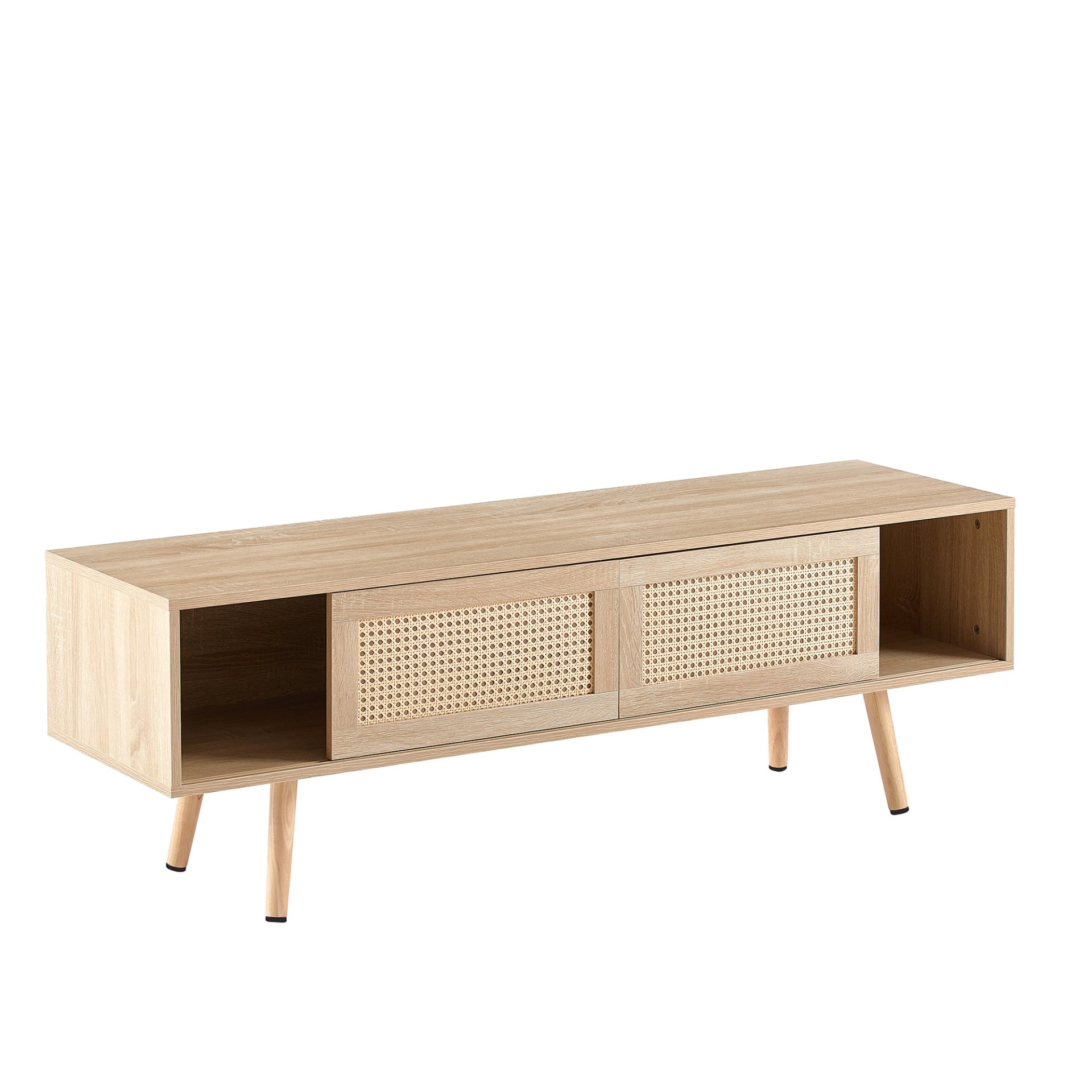 55.12" Rattan TV Cabinet, Double Sliding Doors For Storage, Adjustable Shelf, Solid Wood Legs, TV Console For Living Room - Natural - Image 8