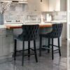 Contemporary Velvet Upholstered Wing-Back Barstools With Button Tufted Decoration And Wooden Legs, And Chrome Nailhead Trim, Leisure Style Bar Chairs, Bar Stools (Set of 4) - Black - Image 17