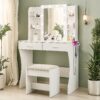 Vanity Desk Set With Mirror & Adjustable Lights Power Outlet And Hair Dryer Rack 2 Drawers And 6 Shelves Includes Cushioned Stool - White - Image 2