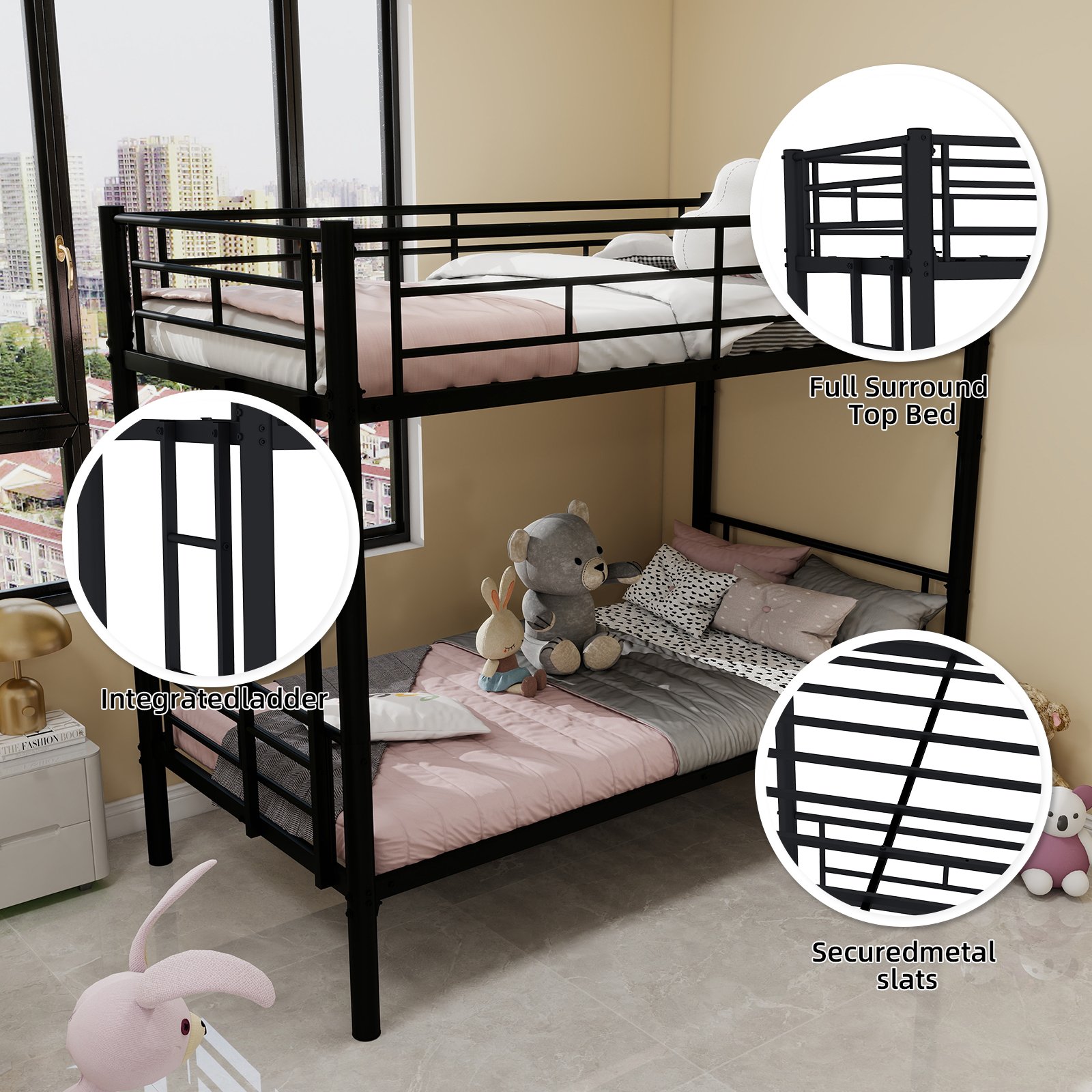 Twin Over Twin Bunk Bed For Kids, Convertible Frame With Ladders & Guardrail - Black - Image 7