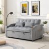 Modern Velvet Loveseat Futon Sofa Couch With Pullout Bed, Adjustable Backrest, Toss Pillows - Light Gray - Image 4