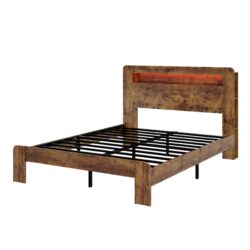 King Size Wood Platform Bed Frame With LED Storage Headboard And USB Ports - Dark Brown