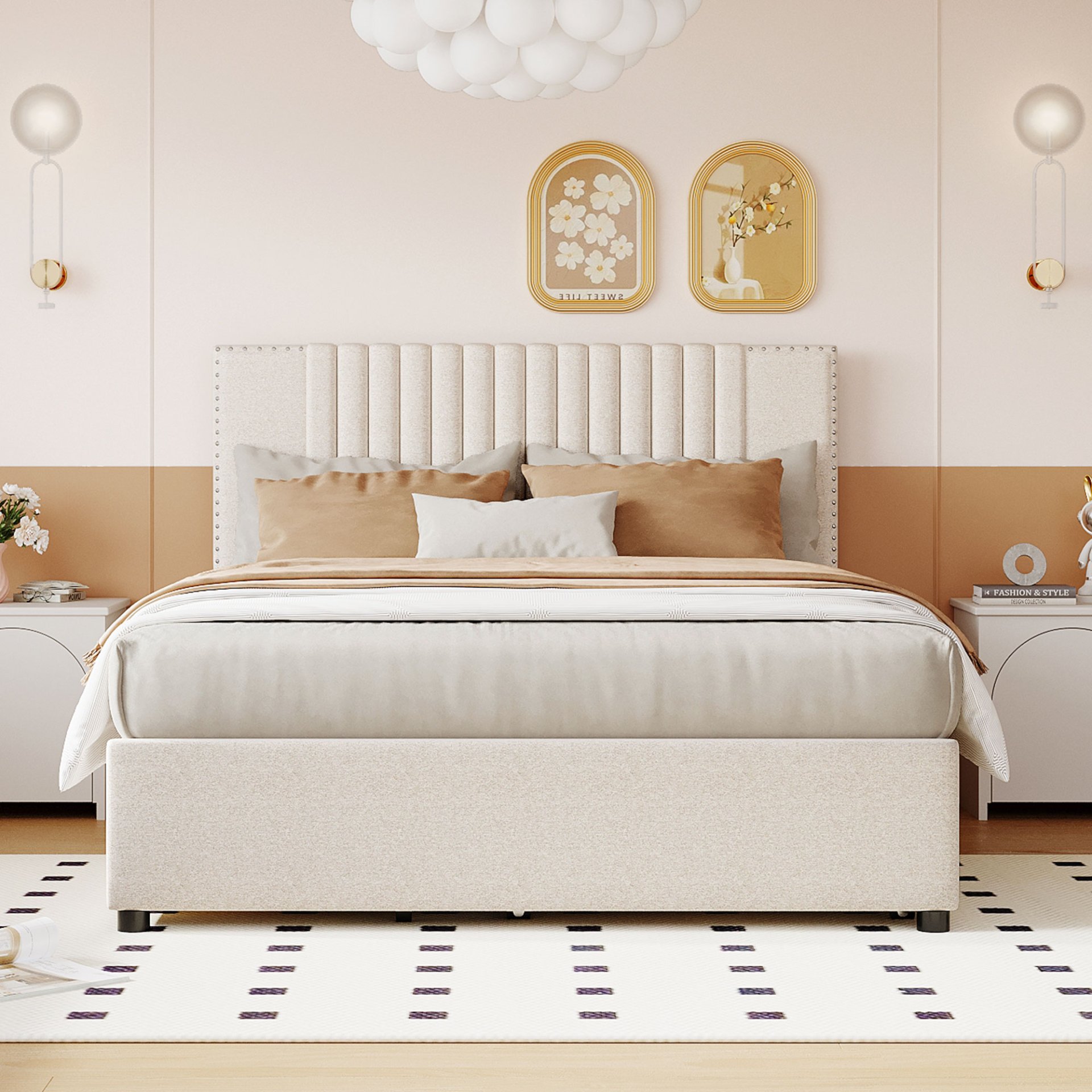 Full Size Upholstered Platform Bed With 2 Drawers And 1 Twin Size Trundle, Classic Headboard Design - Beige - Image 2