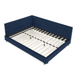 Mid Century Upholstered Tufted Queen Size Bed Frame With Backrest And Armrests Velvet - Dark Blue