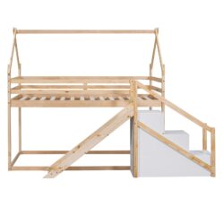Twin Over Twin House Loft Or Bunk Bed With Slide And Staircase - Natural