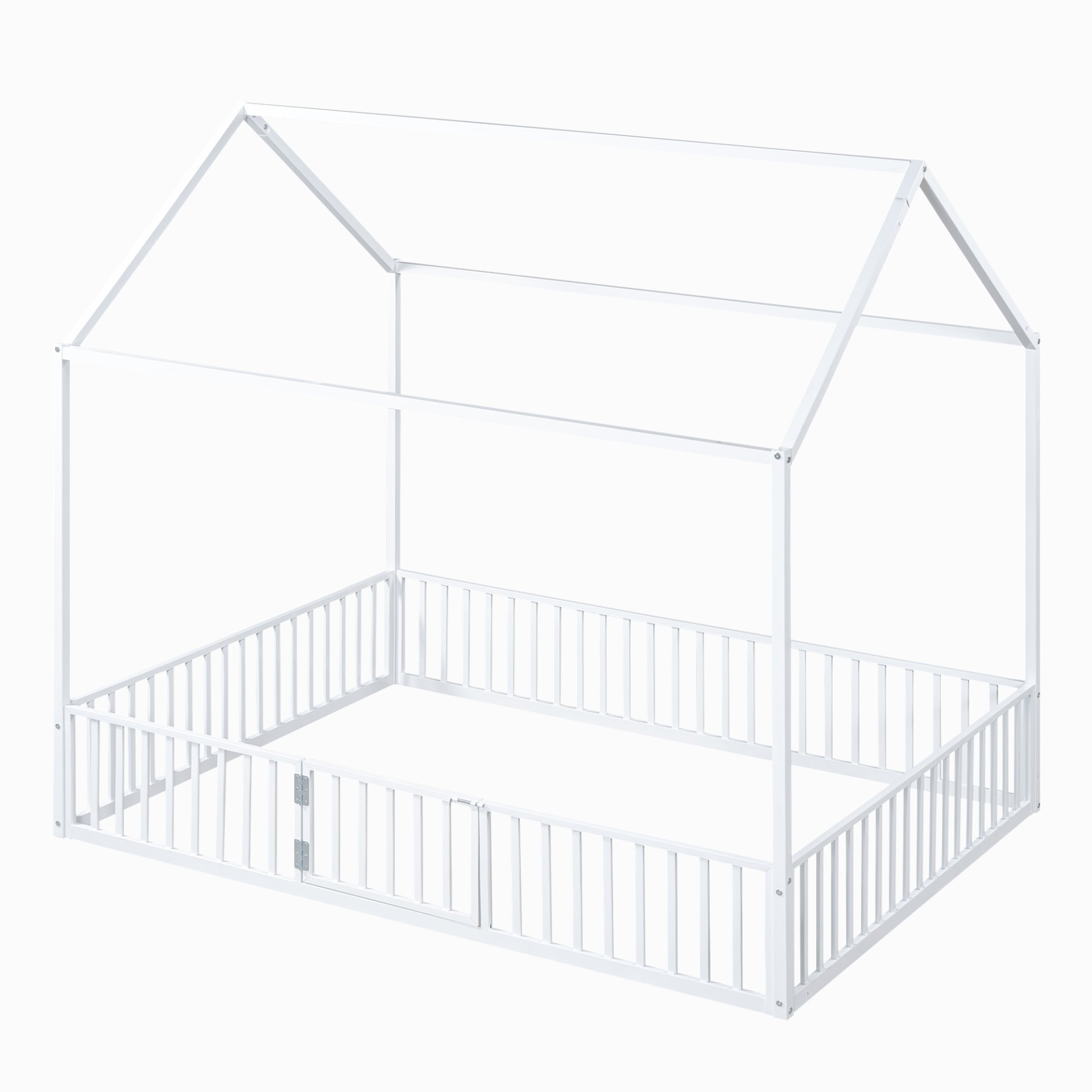 Full Size Metal House Bed With Fence And Door - White - Image 6