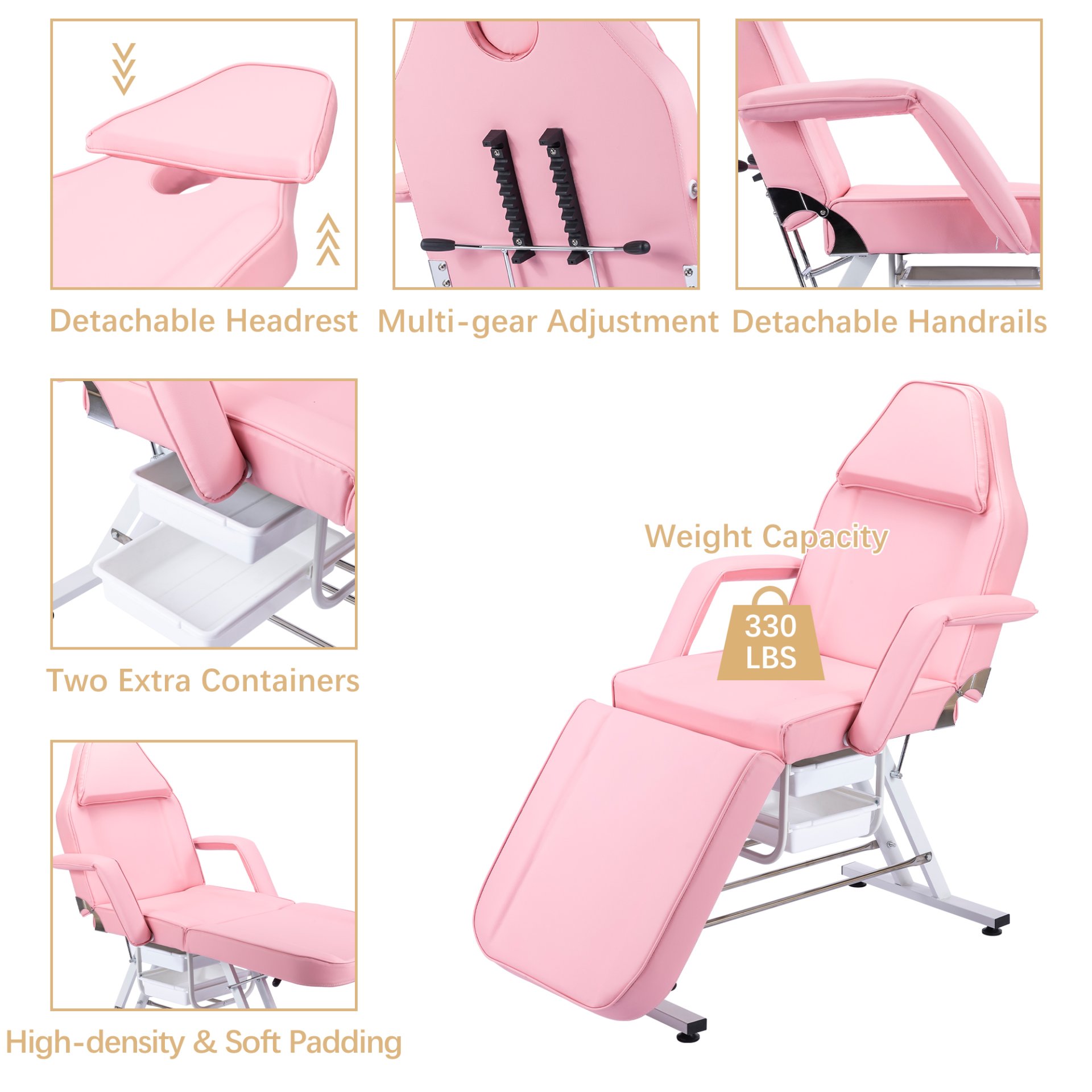 72.8" Massage Salon Tattoo Chair With Two Trays Esthetician Bed With Hydraulic Stool, Multi-Purpose 3-Section Facial Bed Table, Adjustable Beauty Barber Spa Beauty Equipment - Pink - Image 3