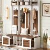 5 In 1 Entryway Bench With Coat Rack, 7 Sturdy Hooks, 2 Spacious Drawers And Adjustable Shelves, Wide Hall Tree With Metal Handles For Hallway - Brown / White - Image 11