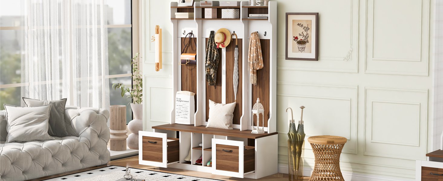 5 In 1 Entryway Bench With Coat Rack, 7 Sturdy Hooks, 2 Spacious Drawers And Adjustable Shelves, Wide Hall Tree With Metal Handles For Hallway - Brown / White - Image 11