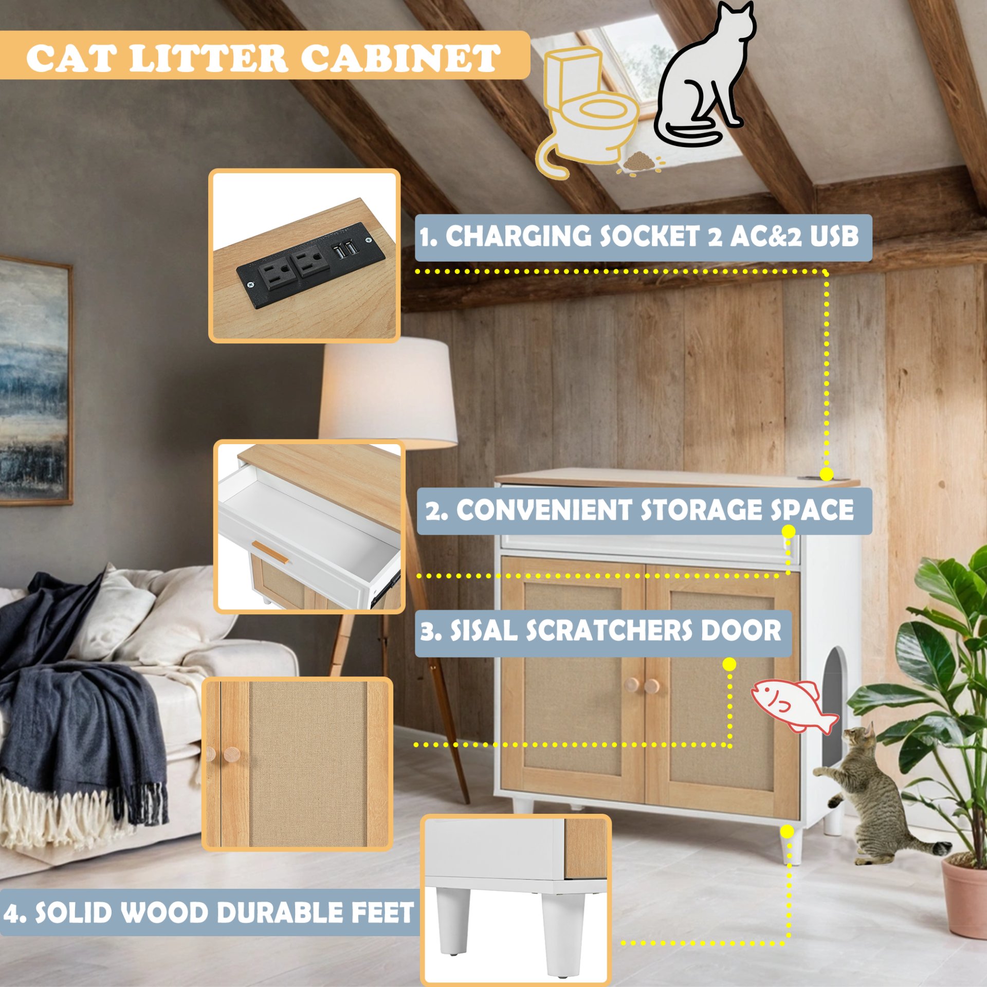 Pet Friendly Furniture Style Cat Litter Box House With Sisal Scratching Door And Charging Socket - Beige / White - Image 4