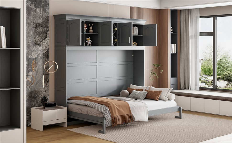 Queen Size Murphy Wall Bed With Top Cabinets & Wine Rack - Gray - Image 21