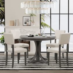 5 Piece Retro Round Dining Table Set With Curved Trestle Style Table Legs And 4 Upholstered Chairs For Dining Room - Dark Gray