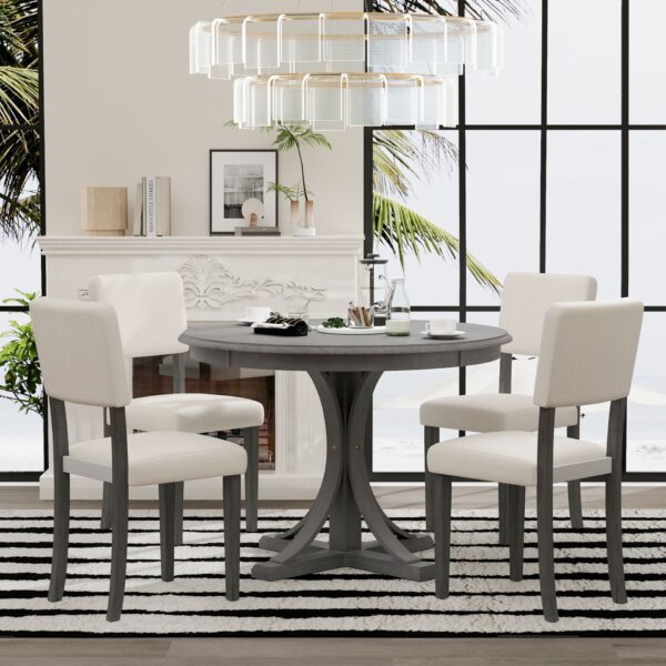 5 Piece Retro Round Dining Table Set With Curved Trestle Style Table Legs And 4 Upholstered Chairs For Dining Room - Dark Gray
