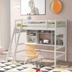 Twin Size Loft Bed With Storage Shelves, Desk And Ladder - White