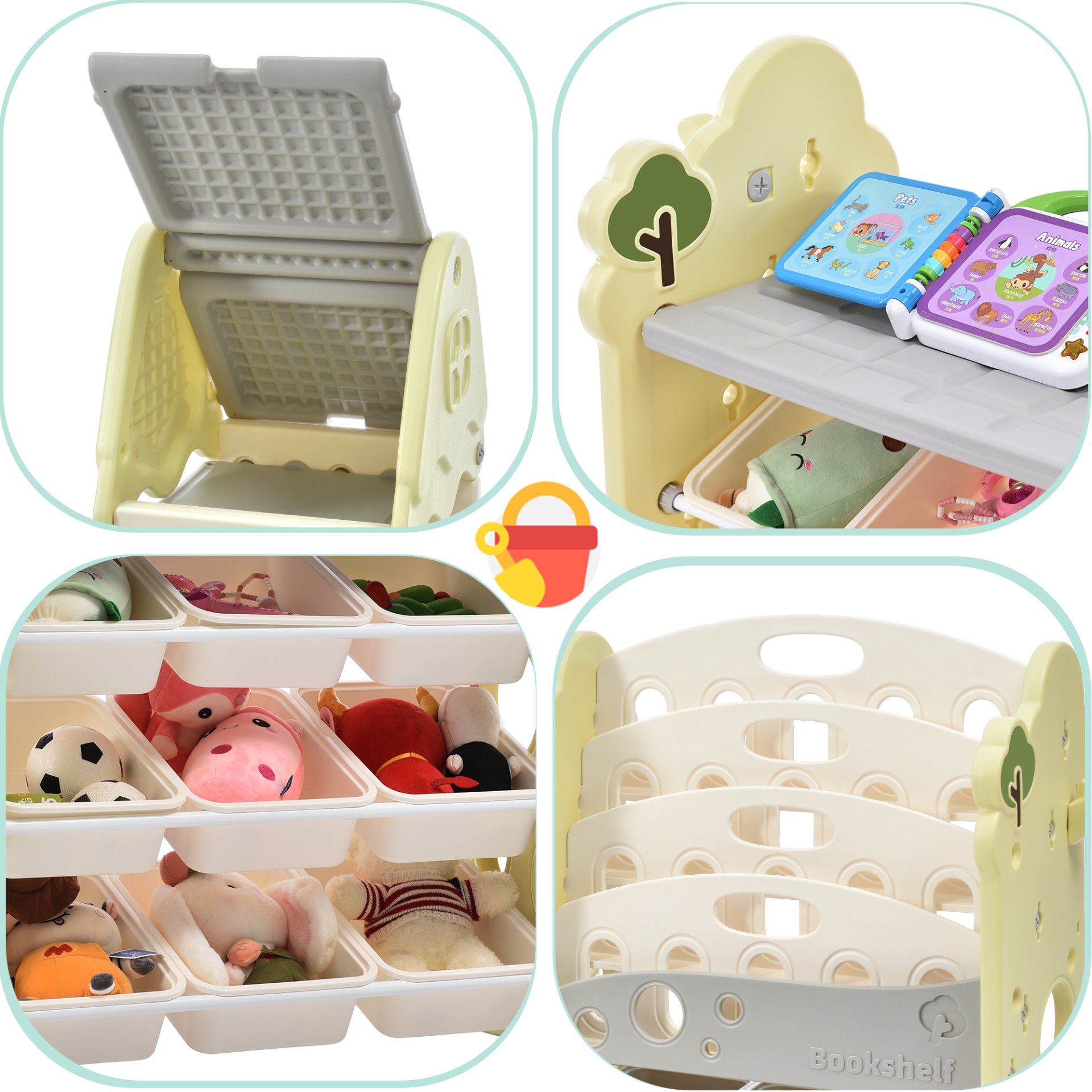 Kids Bookshelf Toy Storage Organizer With 17 Bins And 5 Bookshelves, Multi-Functional Nursery Organizer Kids Furniture Set Toy Storage Cabinet Unit With HDPE SheLF And Bins - Light Green - Image 6