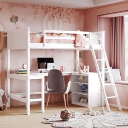 Twin Size Loft Bed With Shelves With Desk - White
