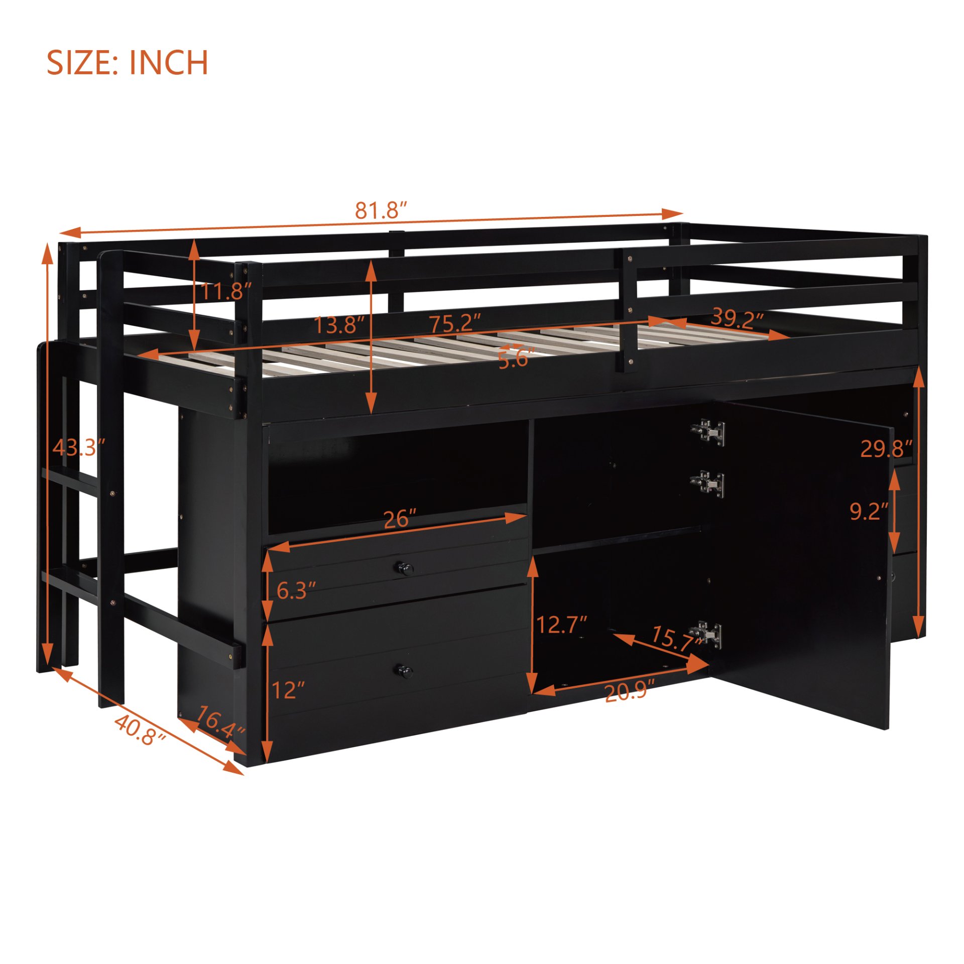 Twin Size Loft Bed With 4 Drawers, Underneath Cabinet And Shelves - Espresso - Image 6