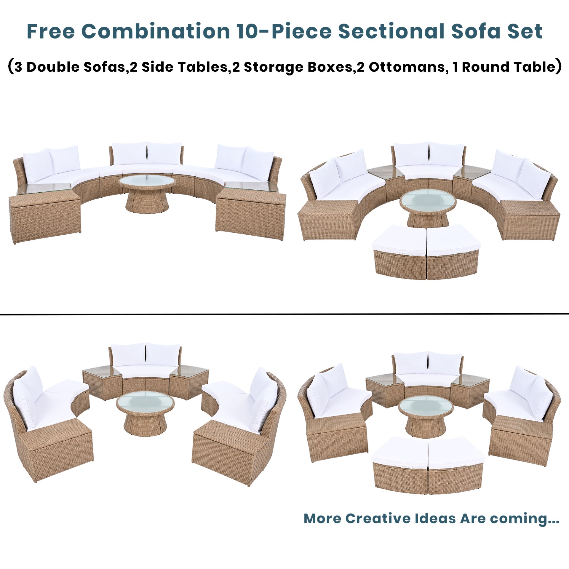 10 Piece Outdoor Sectional Half Round Patio Rattan Sofa Set, Wicker Conversation Furniture Set For Free Combination - White - Image 9
