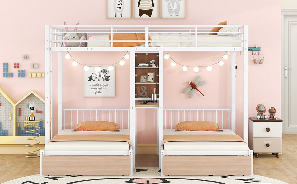 Full Over Twin & Twin Triple Bunk Bed With Drawers, Multi-Functional Frame With Desks And Shelves In The Middle - White - Image 17