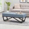 Upholstered Ottoman With Button Tufted Waffle Stitch And Black Geometric Legs - Light Blue - Image 2