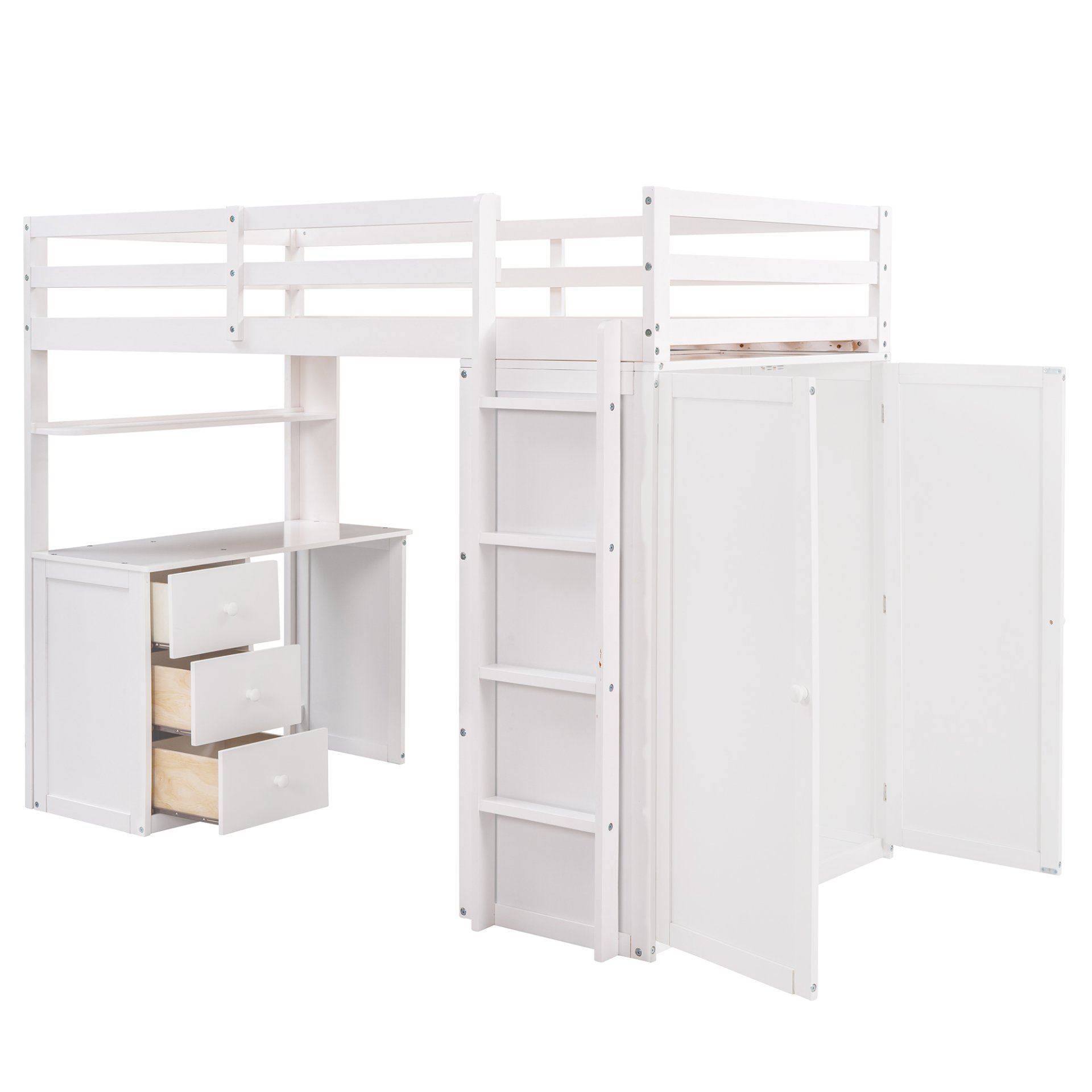 Twin Size Loft Bed With Drawers, Desk, And Wardrobe - White - Image 7