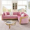Shaped Chesterfield Sectional Sofa Set With Stainless Steel Accents Velvet Button Tufted Sofa With 5 Pillows Luxury Couch For Living Room - Pink - Image 5