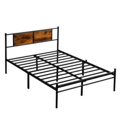 Modern Full Size Metal Bedframe With Wood Panel Headboard - Black / Brown