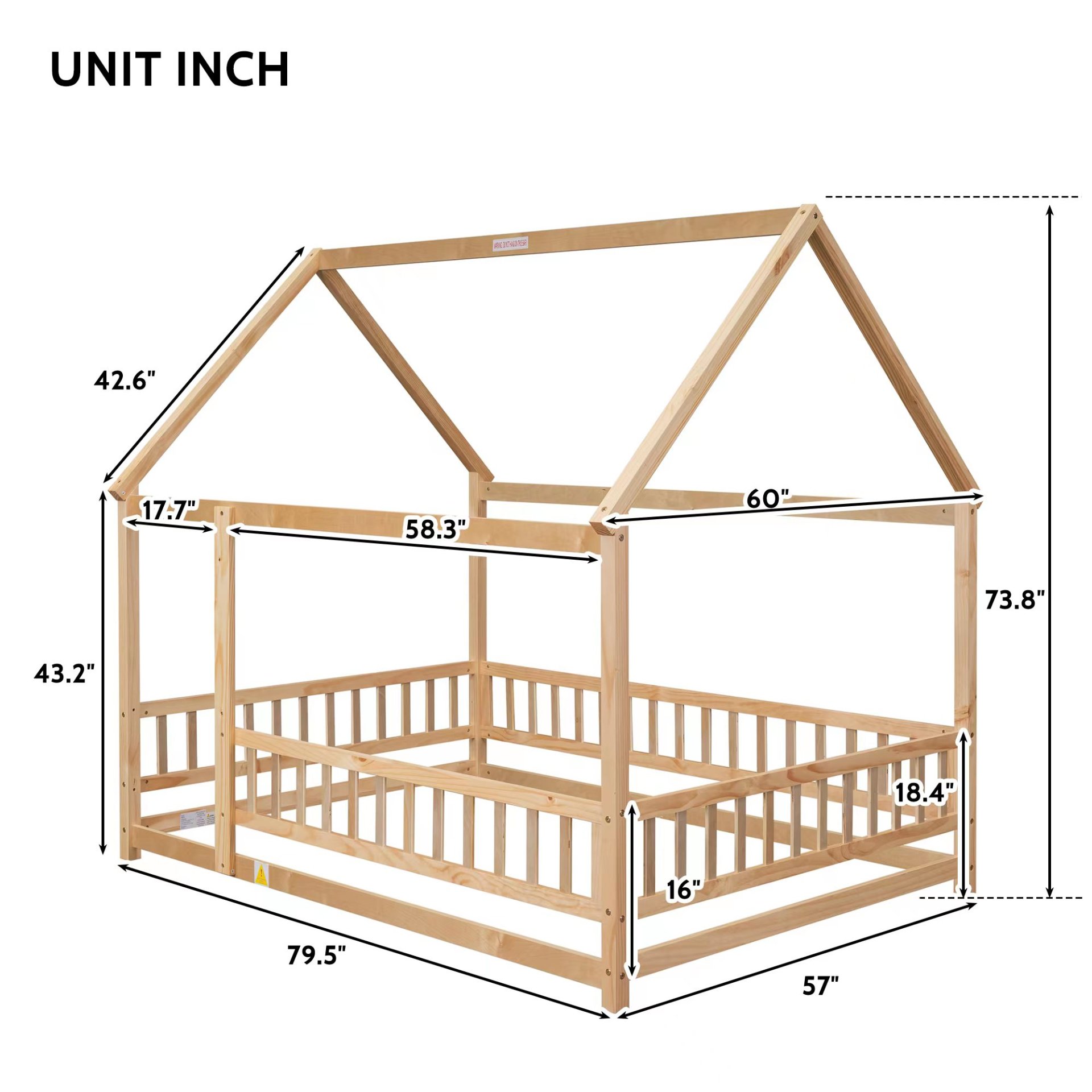 Full Size Floor Wooden Bed With House Roof Frame, Fence Guardrails - Nartural - Image 12