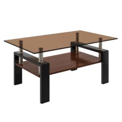 Modern Rectangular Coffee Table With Tempered Brown Glass Top And Layer Table For Living Room - Brown / Black