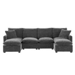 Modern U-Shape Modular Sofa, 6 Seat Chenille Sectional Couch Set With 2 Pillows Included, Freely Combinable Indoor Funiture - Black / Gray