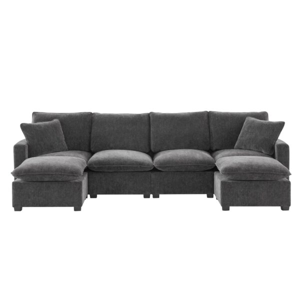 Modern U-Shape Modular Sofa, 6 Seat Chenille Sectional Couch Set With 2 Pillows Included, Freely Combinable Indoor Funiture - Black / Gray